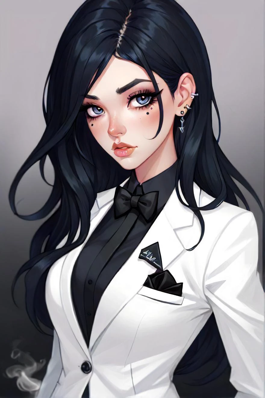 there is a woman with tattoos on her face and a bow tie, artgerm and lois van baarle, long wavy black hair, white suit, wearing spikes and piercings, imvu, full color manga cover, woman in a suit, black sullen eyes, lawyer clothing, court sketch, background ( dark smoke ), cover image