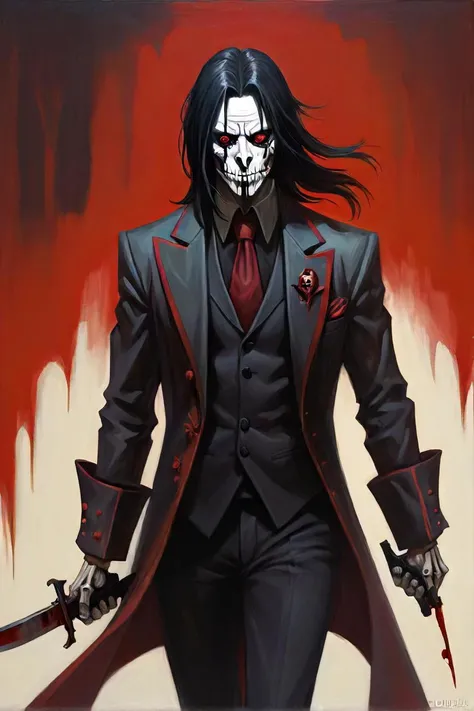 painting of a man in a suit with a knife and a mask, inspired by ben templesmith, dishonored style, court jester looks like naruto, johnny silverhand, skeleton in a suit, old politician as an anime villain, gerald brom style, johan liebert mixed with adult male, long dark hair, vampire, red coat, mysterious and powerful presence, inspired by jason teraoka, portrait of action star, man with long black hair, pistols, inspired by art of brom