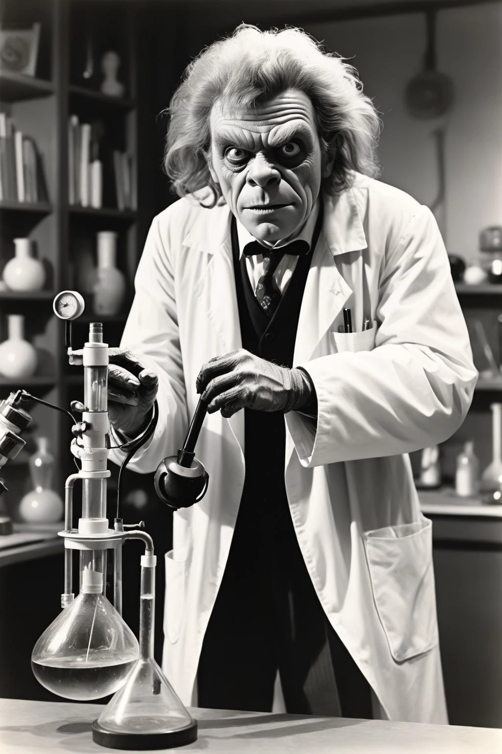 35mm Vintage photo of,B and W 35mm Vintage photo of The monster scientist,illustration,