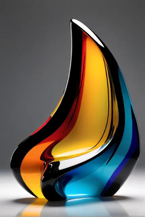brightly colored glass sculpture on reflective surface with black background, an abstract sculpture by zaha hadid, shutterstock, digital art, colorful glass art, glass sculpture, realistic glass sculpture