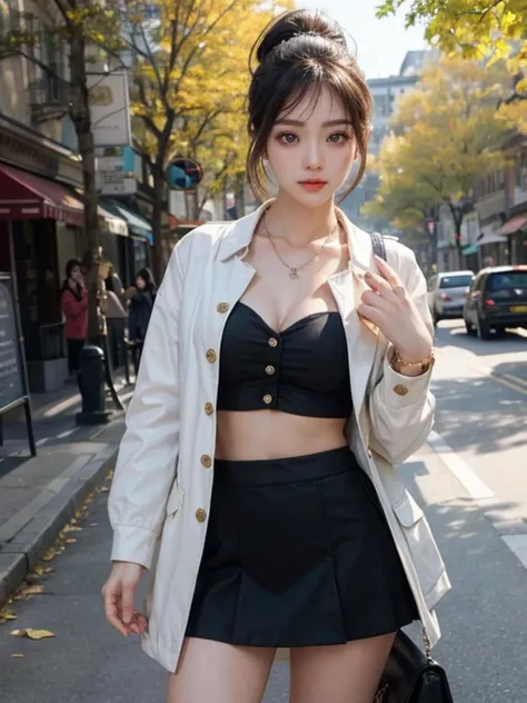 half photoFemale, (Big breasts), (Qi bangs, ponytail), (Ancient, Heroine), (velvaura, white bra, midriff, black skirt), golden buttons, small buttons, cropped jacket, (black jacket), long sleeves, Standing in the city street, falling leaves, sun rays, black shades, autumn leaves, warm climate, (long legs), (ring finger diamond ring), full body, (looking at viewer), masterpiece, realistic, ((face closeup, face shot)), realistic,sharp focus,8k,high res,super extremely ultra detailed,((detailed)), ((masterpiece)), ((best quality)), Elegant, ((Extraordinary)),(hair,iris,eyes,skin,texture),(sharp focus),(denoise),(raw photo8k uhd),(extremely fine,best quality),contrast,bright,large breast, Lü Ji, trending on cg society, rococo, jia ruan, beautiful asian woman , beautiful asian woman,, (perfect hand:1.6),nail,paint nail,good hand,good finger,good nail,good anatomy,good hand,good finger,girl hand,girl finger,good anatomy,white skin,smooth skin,white skin, necklace,bracelet,earringskin,blurry,spot,blurry