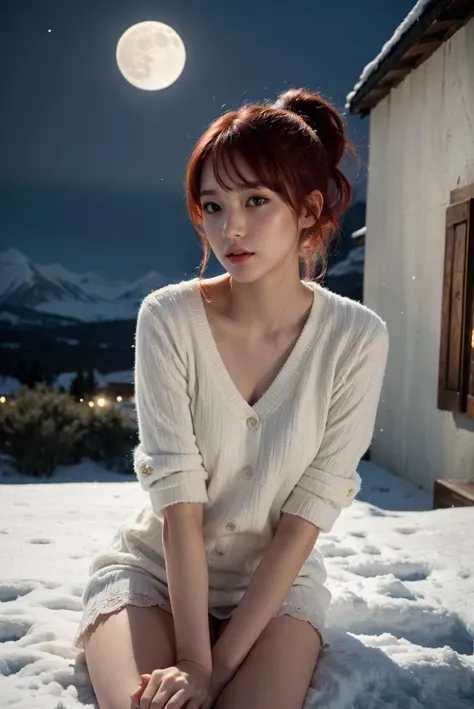 (best quality), (realistic, photo-realistic:1.3), (masterpiece:1.3), CG, unity, 8k, amazing, finely detail, ultra-detailed, highres, absurdres
, (1 girls), solo, cute, ((thigh:1.4)), sexy body, (cute face), young, (looking at viewers), (bangs), (closed mouth:1.2)
, (((red hair, ponytail, green eyes, looking at viewer, snowing, night, cold, night sky, moon, mountain, house)))
, extremely delicate and beautiful, extremely detailed, beautiful detailed girl, best shadow, extremely detailed eyes and face, beautiful detailed nose
, beautiful detailed hand, beautiful delicate glossy lips:0.8, (glossy face and body skin), ((oily body skin)), ((dramatic light))
