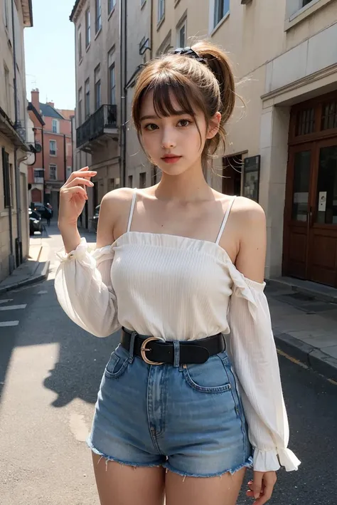 (best quality), (realistic, photo-realistic:1.3), (masterpiece:1.3), CG, unity, 8k, amazing, finely detail, ultra-detailed, highres, absurdres
, (1 girls), solo, cute, ((thigh:1.4)), sexy body, (beautiful face), young, (looking at viewers), (cowboy shot), (((blonde hair, high ponytail, hair bow, bangs))), (closed mouth:1.2), bare shoulders, detached sleeves, jean's upshirt, jean's puffy white shorts, belt, (smile:0.7), (standing), looking at viewer, outdoors, extremely delicate and beautiful, extremely detailed, beautiful detailed girl, best shadow, extremely detailed eyes and face, beautiful detailed nose, beautiful detailed hand, beautiful delicate glossy lips:0.8, (glossy face and body skin), ((oily body skin)), ((dramatic light))
, european town, european style houses, (castle), noon, streets, sunshine