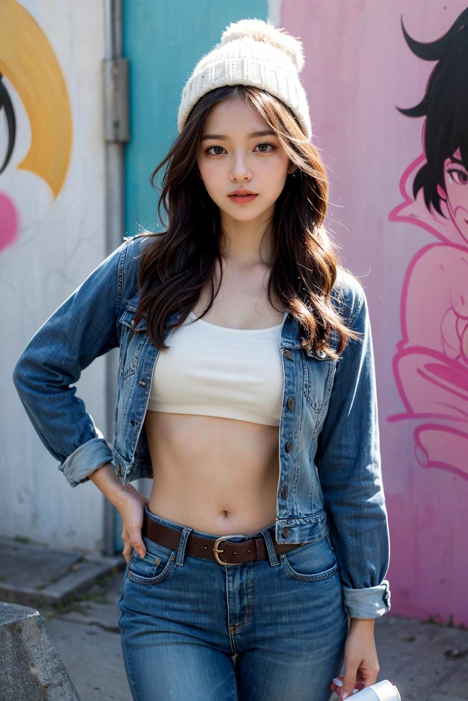 A woman in a white top and jeans posing for a picture - SeaArt AI