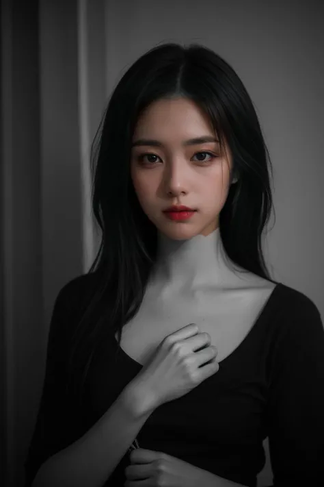 high quality photo of a beautiful woman. moody and melanchony with accents of black and white. high contrast, sharp focus, highly detailed 8k, intricate, nikon d85055 mm, award winning photography