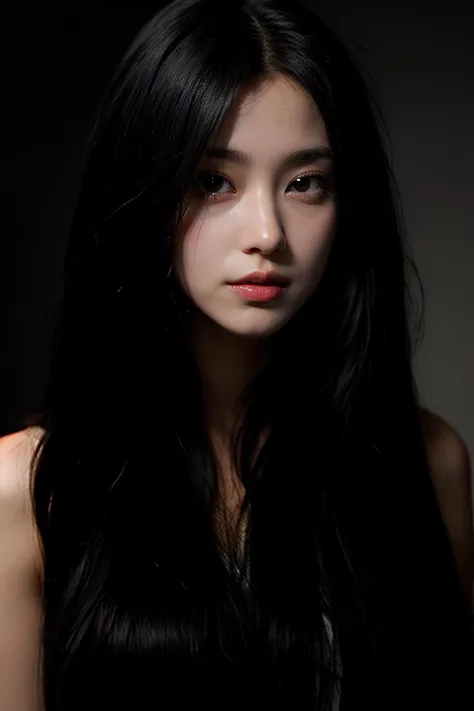 1girl, portrait, black hair, very long hair,