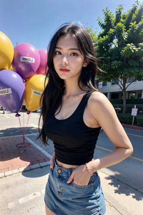 (8k, RAW photo, best quality, masterpiece:1.2), (realistic, photo realistic:1.3), UHD, high detail RAW color photo, extremely detailed CG unity 8k wallpaper,  sharp focus, (realistic skin), perfect anatomy, (cinematic lighting),
BREAK
1girl, solo,(looking at viewer:1.2),(outdoors:1.2),meidum breasts, (blush:1.2),smile,Visualize a woman surrounded by colorful balloons in a lively children's park. The scene is reminiscent of a playful and carefree atmosphere as she enjoys the vibrant energy of the balloon-filled space. Highlight the diverse colors of the balloons against a bright sky, creating a sense of delight and showcasing the woman's enjoyment of the cheerful environment.,(tank top, denim skirt, sneakers:1.2),(black hair, purple eyes:1.3), long hair