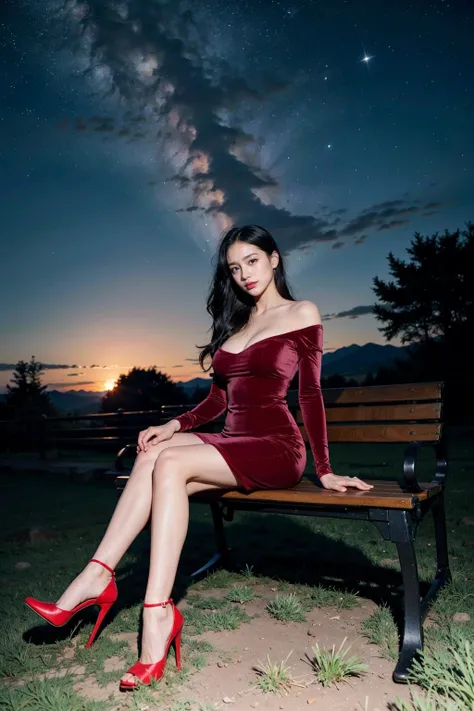 (8k, RAW photo, best quality, masterpiece:1.2), (realistic, photo realistic:1.3), UHD, high detail RAW color photo, sharp focus, (real skin), perfect anatomy, slender, (cinematic lighting), (moist lips),
BREAK
production art,1girl, (slim and beautiful body), sky, night sky, solo, shooting star, star (sky), outdoors, starry sky, scenery, night, grass, sitting on bench, Red velvet dress,bow, black hair, cloud,(high heels:1.2),blue eyes,smile,(full body:1.3), long hair,(large breasts),(milf,mature female:1.4)