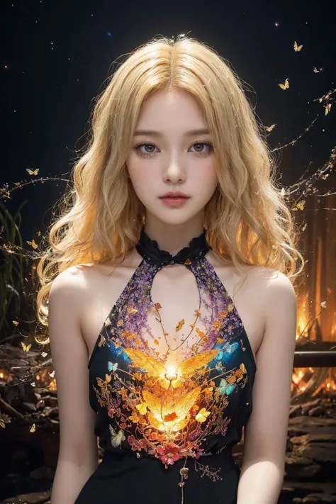 (A charming 24 yo curly blonde),
[ : shifted reality, elemental butterflies rage, broken reflections, magic fireflies tornado,
liquid fire flow, chaotic flowers, fierce night,
heartbreaking fantasy art, mind-blowing painting, unreal scenery : 0.1]