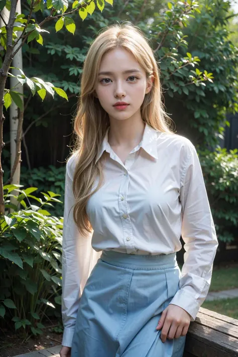 (8k, RAW photo, best quality, masterpiece:1.2), (realistic, photo realistic:1.3), UHD, high detail RAW color photo, extremely detailed CG unity 8k wallpaper, sharp focus, (realistic skin), perfect anatomy, (cinematic lighting),glossy lips,
BREAK
1girl, solo, looking at viewer, light blonde hair, light blue eyes, (light theme), (outdoors), medium breasts, long hair, natural wavy,
(cowboy shot), (curious face), ((white long sleeve shirt, tight blue skirt)), (earlyteen girl), (standing)