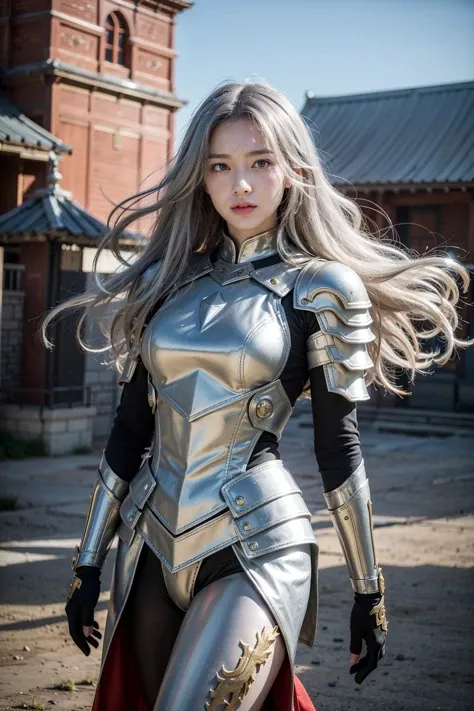 (8k, RAW photo, best quality, masterpiece:1.2), (realistic, photo realistic:1.3), UHD, high detail RAW color photo, extremely detailed CG unity 8k wallpaper,  sharp focus, (realistic skin), perfect anatomy, (cinematic lighting),glossy lips,
BREAK
beautiful and aesthetic, (shiny face), (1girl), paint splatter, expressive drips, random patterns, energetic movement,  gold and red colors, dynamic texture armor, spontaneous creativity, Full body gold and red Skinny girl armor, no helmet, Zodiac Knights, White long cape, (silver grey hair), White eyes, obsidian gloves, (hair blowing), long hair, floating_hair, beautiful old temple in the background, beautiful fields, god aura, insane detail in Skinny armor, glowing, (cowboy shot:1.2), (loocking at wiewer:1.5)