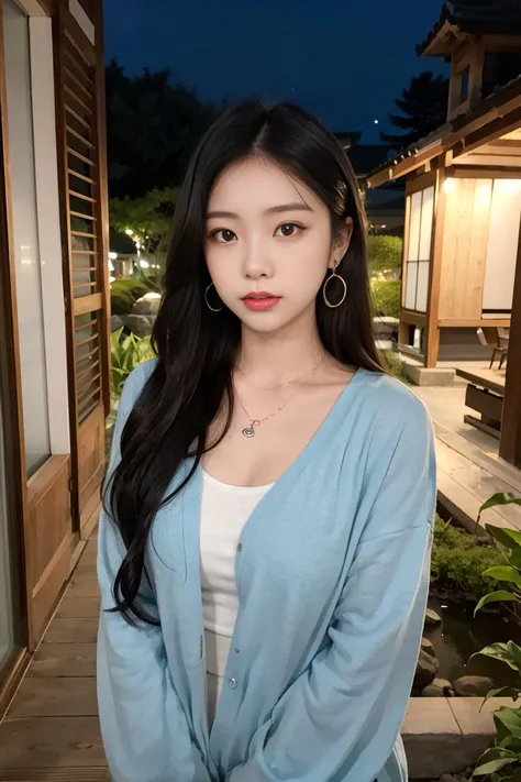 1girl,18years old,Thai girl,(Long hair with natural waves), dark hair, dark eyes,masterpiece, best quality, looking at viewer,earrings,necklace,night,
Japanese garden,