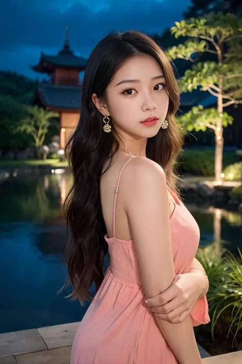 1girl,18years old,Thai girl,(Long hair with natural waves), dark hair, dark eyes,masterpiece, best quality, looking at viewer,earrings,necklace,night,
Japanese garden,