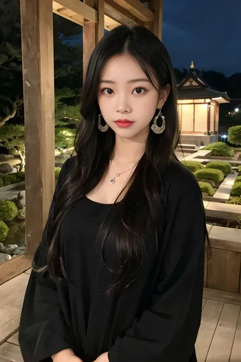 1girl,18years old,Thai girl,(Long hair with natural waves), dark hair, dark eyes,masterpiece, best quality, looking at viewer,earrings,necklace,night,
Japanese garden,