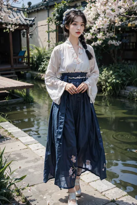 (realistic:1.3), finely detailed, quality, rembrandt lighting, (masterpiece:1.2), (photorealistic:1.2), (best quality),
BREAK
(detailed skin:1.3), (intricate details), dramatic, ray tracing,
BREAK
1girl, full body, detailed skin texture, (blush), (moist lips), medium breasts, updo (very long hair), hair ornament, ((hanfu, long flowing dress, deep blue|white|navy clothing)), chinese embroidered shoes,
BREAK
(strolling, afternoon, outdoors, cherry blossom trees, river, sky, nature), <lora:songStyle19:0.6>, <lora:kahuka-pynoise:0.3>,