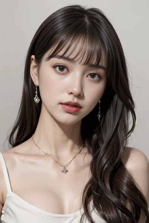 1girl, jewelry, earrings,necklace,bracelet,looking_at_viewer, brown hair, lipstick, makeup, bangs,small breasts, upper_body,