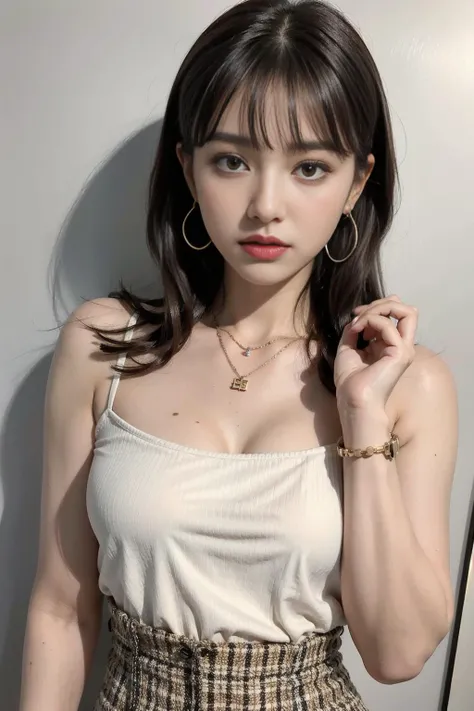 1girl, jewelry, earrings,necklace,bracelet,looking_at_viewer, brown hair, lipstick, makeup, bangs,small breasts, upper_body,