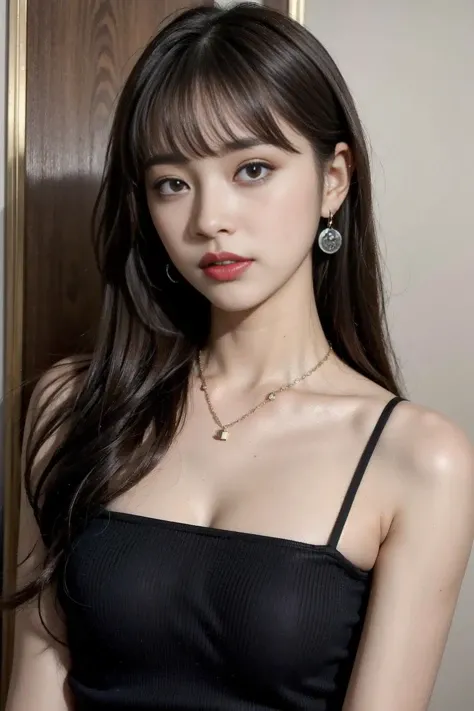((highest quality, 8K, masterpiece: 1.3)), 1 girl, slim, Tank top: 1.1, super slender face, delicate eyes, double eyelid, droopy eyes, smile, 17 years old, big breasts