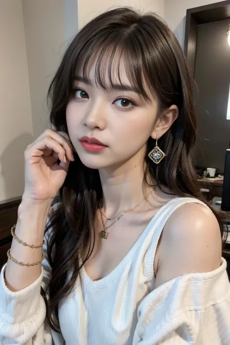 1girl, jewelry, earrings,necklace,bracelet,looking_at_viewer, brown hair, lipstick, makeup, bangs,small breasts, upper_body,