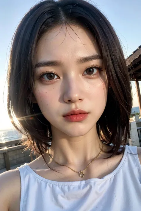 (Highest quality, 8k, masterpiece: 1.3、Everything is beautifully detailed、Beautifully drawn eyes with bright color details), Beautiful woman with perfect figure: 1.4, Dark brown hair, big, Wear a pendant, Torn shorts, Sleep in the bedroom, Highly detailed face and skin, Detailed eyes, double eyelid, Highest quality, masterpiece, (Realistic: 1.4), One Woman, Golden Ratio, High angle shot, Upper eyelid care, Low angle shot, Perfect Face, Beautiful appearance, Cute Face, Face close-up, Zoom in on face, Short Bob, short hair, smile from different angles, smile, Gloss, highlight, Gloss, Glossy on skin, Glossy on skin, Wet skin, Wet, bangs, cute smile, bust, Off the shoulder, Refreshing charm, elegant, Perfect hands, smile from angle, smile, Glossのある, highlight, Glossy skin, bangs, bust, big, Warm Off the shoulder, Refreshing charm, Listen carefully, Looking into the camera, Pose at different angles、{gigantic|big|huge|mega} breasts, cleavage