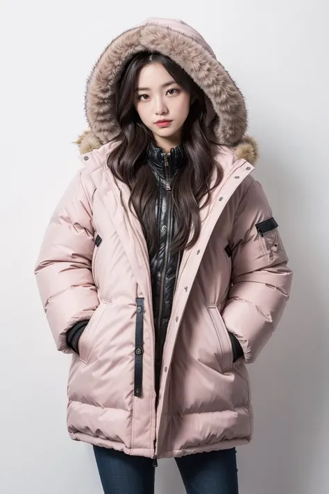 (masterpiece, high quality) woman, long hair, (winter wear, wearing pink quilted puffy parka), model, posing, simple background