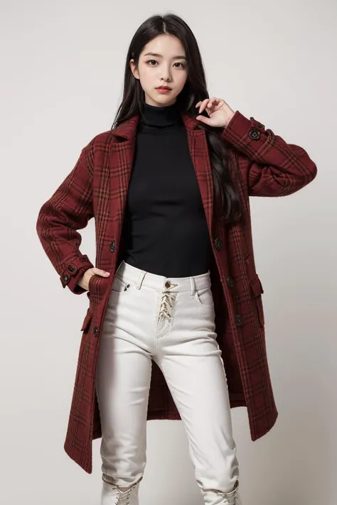 (masterpiece, high quality) woman, long hair, (wearing red plaid patterned coat, white turtleneck, black trousers, lace up boots), model, posing, simple background