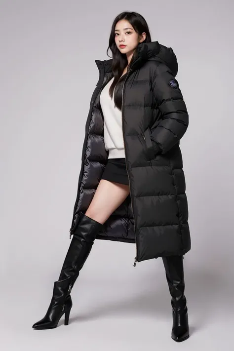 (masterpiece, high quality) woman, long hair, (wearing parka coat in Black, turtleneck sweater in White, flared denim pants in blue, black boots with heel), model, posing, simple background