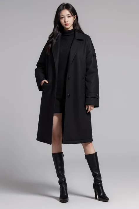 (masterpiece, high quality) woman, long hair, (wearing all black winter outfit, long big coat, high heel boots), model, posing, simple background