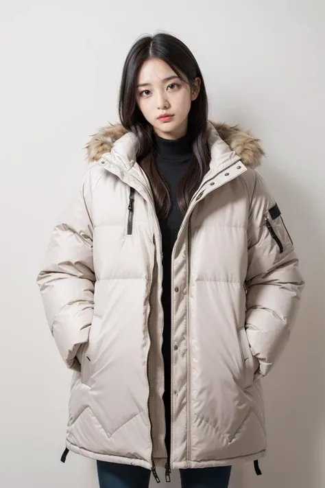 (masterpiece, high quality) woman, long hair, (winter wear, wearing a quilted puffy parka, geometric pattern, bright colors), model, posing, simple background