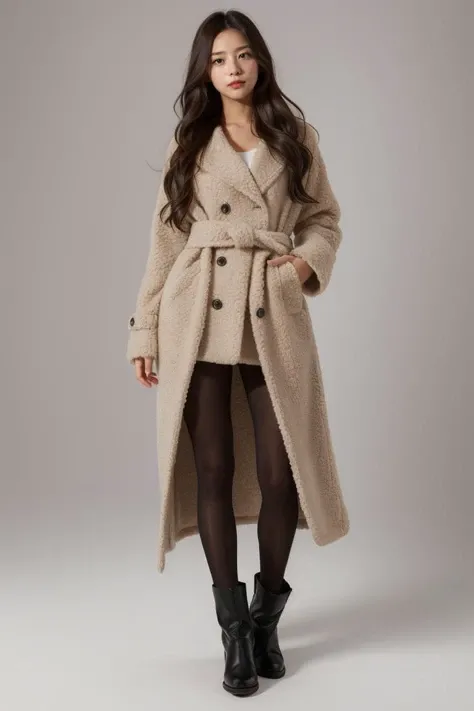 (masterpiece, high quality) woman, long hair, (wearing long closed coat, pantyhose, boots), model, posing, simple background