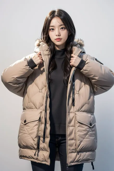 (masterpiece, high quality) woman, long hair, (winter wear, wearing quilted puffy parka, geometric print fashion), model, posing, simple background