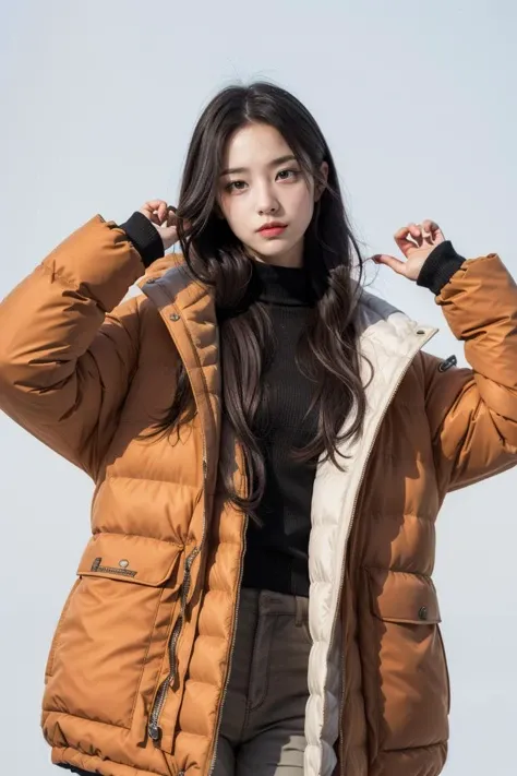 (masterpiece, high quality) woman, long hair, (winter wear, wearing quilted puffy parka, geometric print fashion), model, posing, simple background