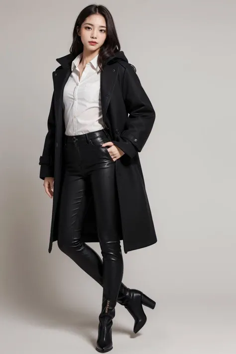 (masterpiece, high quality) woman, long hair, (wearing long black collared coat, white shirt, black pants:1, high heel boots), model, posing, simple background