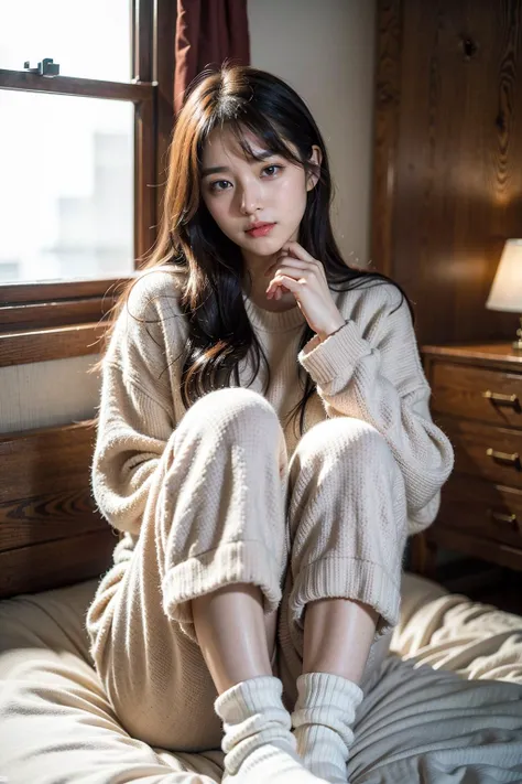 (8k, RAW photo, best quality, masterpiece:1.2), (realistic, photo realistic:1.3), UHD, high detail RAW color photo, sharp focus, (real skin), (perfect anatomy), slender, ((cinematic lighting)), (moist lips),
BREAK
1girl, solo, looking at viewer, messy hair, smiling, wearing cozy pajamas, knit socks, at home,