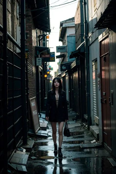 A woman standing in a creepy alley way in a empty and desolate neighborhood with a scared expression and looking disheveled, the scenery is dark and grim and creepy