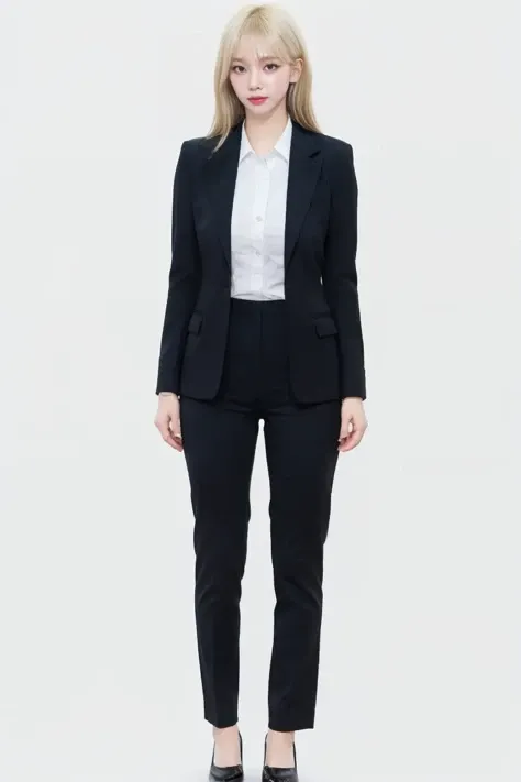 1girl,solo,blonde hair,bangs,collared shirt, blazer,pant suit, full body,simple background,
<lora:Lovesh-KarinaV1:1>