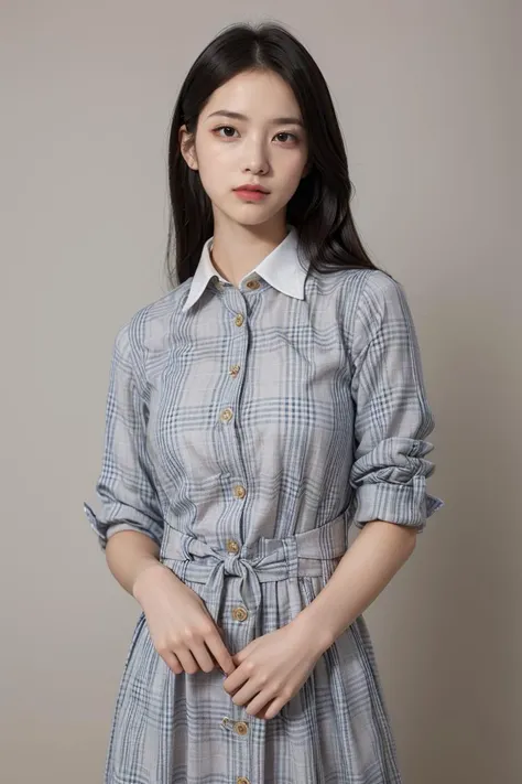 (masterpiece, high quality) woman, long hair, (wearing plaid button dress on top, collared button up shirt under, korean style dress), model, posing, simple background