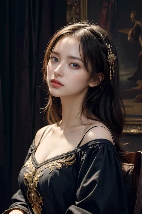 (Masterpiece, Best Quality, Realism: 1.37), (Intricate and delicate, highly detailed skin and face), Beautiful Queen in Black Dress Suite, wrapped in luxurious dark hooded robes, dark roses and skulls adorning her cloth, (tiara, roses, skull decorations, black, dark), blue eyes, dark background, cinematic soft lighting, full body