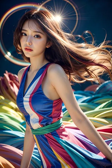 (vibrant:1.2), (colorful:1.4), (masterpiece:1.3), realistic, best quality, extremely detailed, (1girl, standing, very long colorful flowing hair, floating colors, colorful chaos, elegant, vivid colors, atmospheric, vibrant, striking visuals, twisting flowing fabric, cinematic shot, unravelling, unfurling, blossoming, bright eyes, front lit, erupting, undercurrent, endless bloom, portal, top-down camera angle),
<lora:add_detail:0.7>