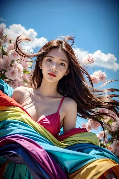 (highest quality, 32k, High resolution, masterpiece:1.5,), Haunting fantasy portrait in abstract style, ((In a swirl of fantastic pastel colors and soft light)), Evoking a sense of soothing tranquility and elusive beauty, Award-winning masterpiece with amazing details, cute japanese woman, , perfect human anatomy, big magical eyes, gentle smile, ((Shiny detailed brown hair)), Long straight hair tousled by the wind, Beautiful asymmetrical bangs, hair between eyes, smooth and soft skin, thin eyebrows, clear double eyelids, Attractive pink lips, ((naked, Wrap your body in a transparent silk cloth)), High resolution perfect clavicle, Beautiful chest in high resolution, Slender body with plump breasts, ((Colorful sparkling light effects:1.3)), summer blue sea, The blue, sparkling water surface reflecting light, bright sunshine, professional lighting, professional photographer, Professional models,mysterious