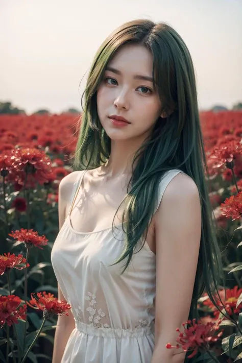 masterpiece, best quality, ultra-detailed, (realistic), CG, 4k, 8k, (beautifully detailed background), (perfect anatomy),
BREAK
1girl, solo, looking at viewer, (beautiful face), (beautifully detailed eyes), (real_skin), (moist lips), (long green hair), skinny, petite body, (wearing a white dress with red waist band),
BREAK
day time, laying in a field of red spider lilies, vibrant, colorful, deep depth of field, (cinematic shot),
<lora:add_detail:0.3>
<lora:spider_lily-000010:0.1>