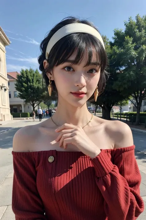 (best quality, masterpiece:1.2), (realistic, photo realistic:1.3), UHD, high detail color photo, extremely detailed CG unity 8k wallpaper, sharp focus, (best shadow), (detailed background), (realistic glossy skin), perfect anatomy, (cinematic lighting), glossy lips,
BREAK
bbyorf, short hair with long locks, white hairband, red eyes, gold earrings, large breasts, jewelry, off shoulder, red sweater, sweater dress, long sleeves, black pantyhose, <lora:yor_forger_v1:1>, outdoors, standing cowboy shot, smile,
