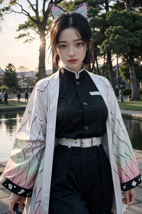 (best quality, masterpiece:1.2), (realistic, photo realistic:1.3), UHD, high detail color photo, extremely detailed CG unity 8k wallpaper, sharp focus, (best shadow), (detailed background), (realistic glossy skin), perfect anatomy, (cinematic lighting), glossy lips,
BREAK
1girl,(Kochou Shinobu), multicolored hair, long sleeves, purple eyes, black jacket, high waist black pants, uniform, white haori, Japanese clothes, multiple butterflies, buttons, belt, lake, sunset, lens flare, perfect lighting, highest quality, hands behind, thick thighs, large breasts, <lora:Kochou_Shinobu:1>
