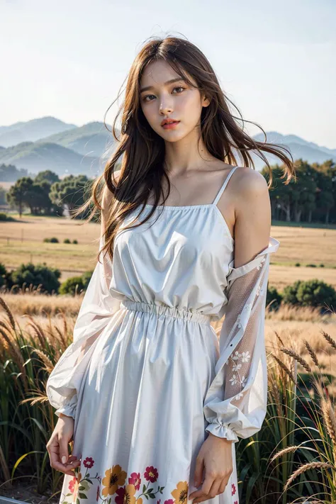 (best quality, masterpiece), (realistic, photo realistic), UHD, extremely detailed CG unity 8k wallpaper, sharp focus, (realistic skin), perfect anatomy, (natural lighting), glossy lips,
BREAK
1girl, standing, wheat fields, golden hair color, long hair blowing in the wind, looking at viewer, (wearing loose floral dress),