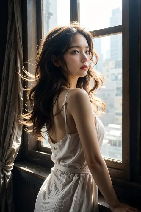 (best quality, masterpiece:1.2), (realistic, photo realistic:1.3), UHD, high detail color photo, extremely detailed CG unity 8k wallpaper, sharp focus, (best shadow), (detailed background), (realistic glossy skin), perfect anatomy, (cinematic lighting), glossy lips,
BREAK
1girl, looking out a window, wearing silk robe night gown, dimly lit room, at night,
<lora:windowsillè±çªè¥_v1.0:0.5>