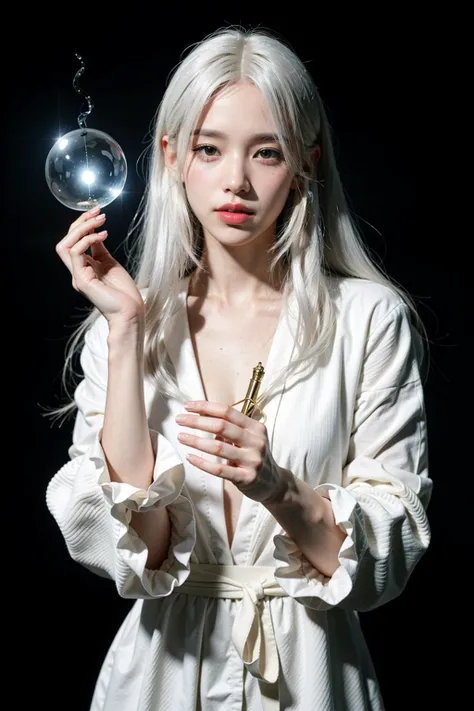A white haired sorceress practicing magic,
(perfect hands)