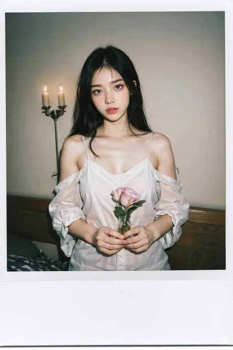 (best quality, masterpiece:1.3), (realistic, photo realistic:1.3), ultra high res, UHD, extremely detailed CG unity 8k wallpaper, sharp focus, absurdres, (realistic skin, detailed skin), (perfect anatomy, accurate body), front lighting, best shadow, glossy lips,
BREAK
Polaroid photo, (((white border))), 1girl, slender, (looking at viewer), seductive, posing, wearing sheer nightgown, Valentine's Day theme, Romantic, cute pink bedroom, candles, petals, hearts, decorations, flowers,
<lora:InstantPhotoX2:0.5>
