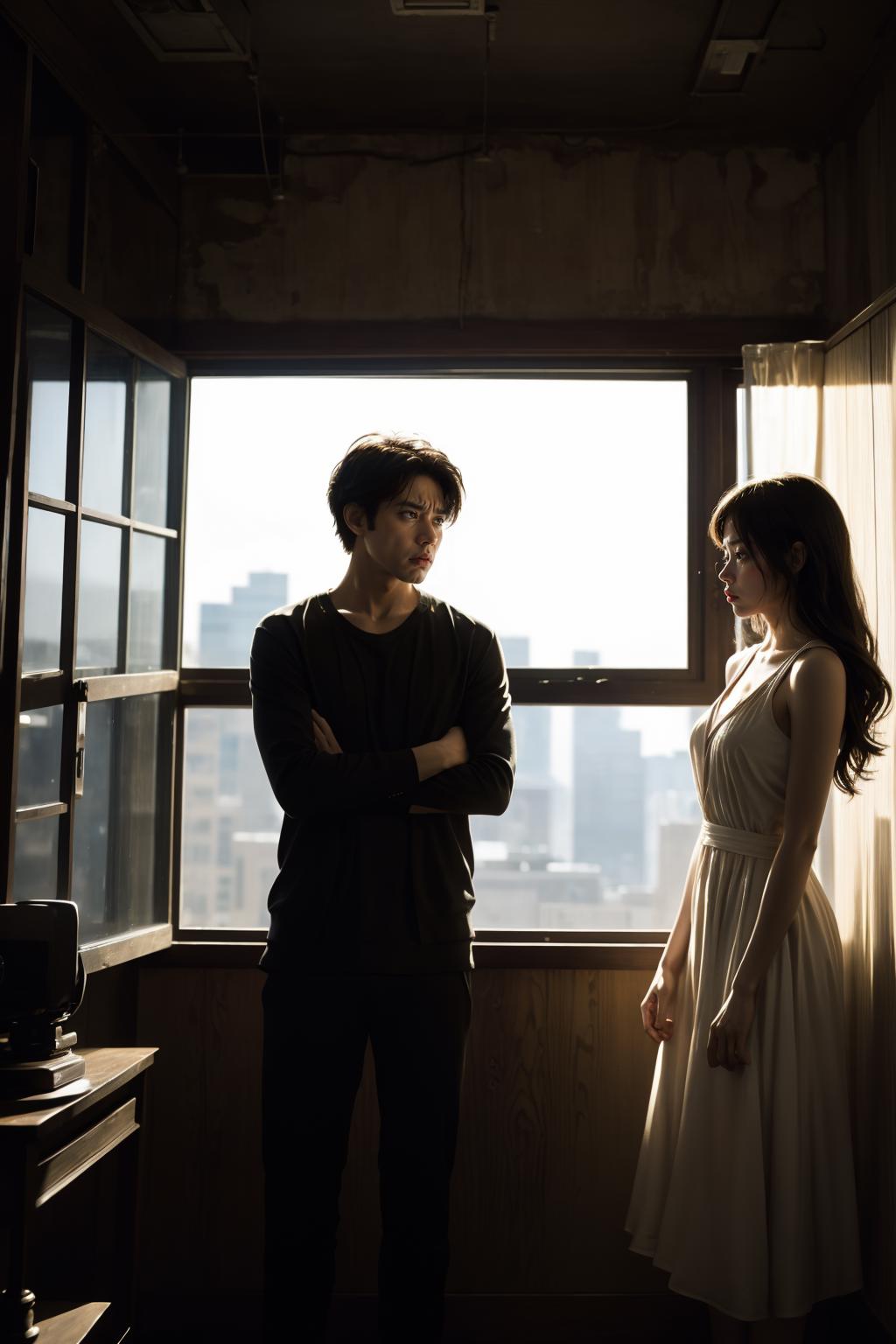 A couple of people standing next to each other in front of a window ...
