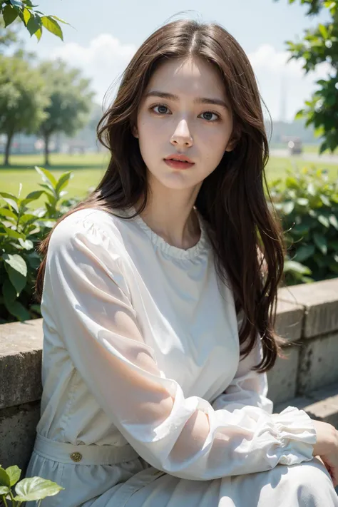 masterpiece, real photo, 21yo girl with long brown hair, wearing a green graphic t-shirt, a plaid flannel jacket, and a choker necklace, medium big breast, sits and hugging legs on a wooden bench in an outdoor setting. She has a backpack beside her, the background is filled with greenery and yellow flowers. The girl looks tired, (tired), (sweat:0.5), (wet:0.5), (wet hair:0.5), (close-up:0.2)