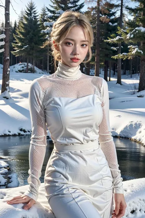 (best quality, masterpiece:1.3), (realistic, photo realistic:1.2), UHD, high detail color photo, extremely detailed CG unity 8k wallpaper, sharp focus, absurdres, (realistic skin, detailed skin), perfect anatomy, (cinematic lighting), glossy lips,
BREAK
(stylish with a perfect body exudes elegance and confidence, capturing the essence of a sophisticated woman), (peaceful and mysterious atmosphere of a tranquil forest), (standing present), ((white hair)), (luxury updo), (skinny arms), (in the middle of a snow-covered Swedish winter forest), (thigh), (beautiful volume hidden in the flowers of a luxurious turtleneck wedding dress pattern reflecting the baroque trend, details of the outfit, luxurious accessories)